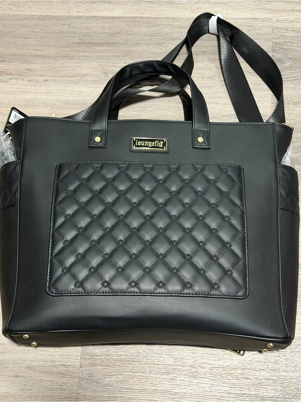 Loungefly Black Quilted Tote with Gold Hardware